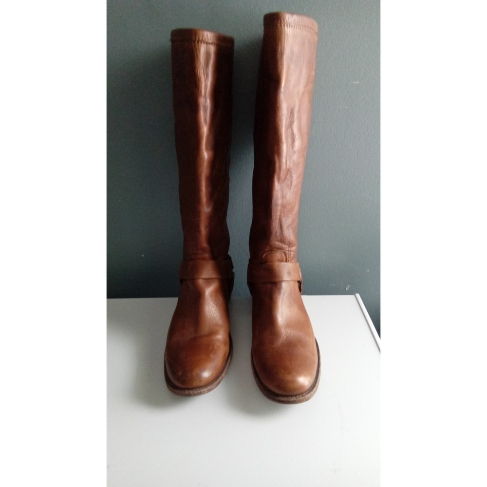 Leather Riding Boots Brown‎ Knee High Buckle Accent Pull On Style